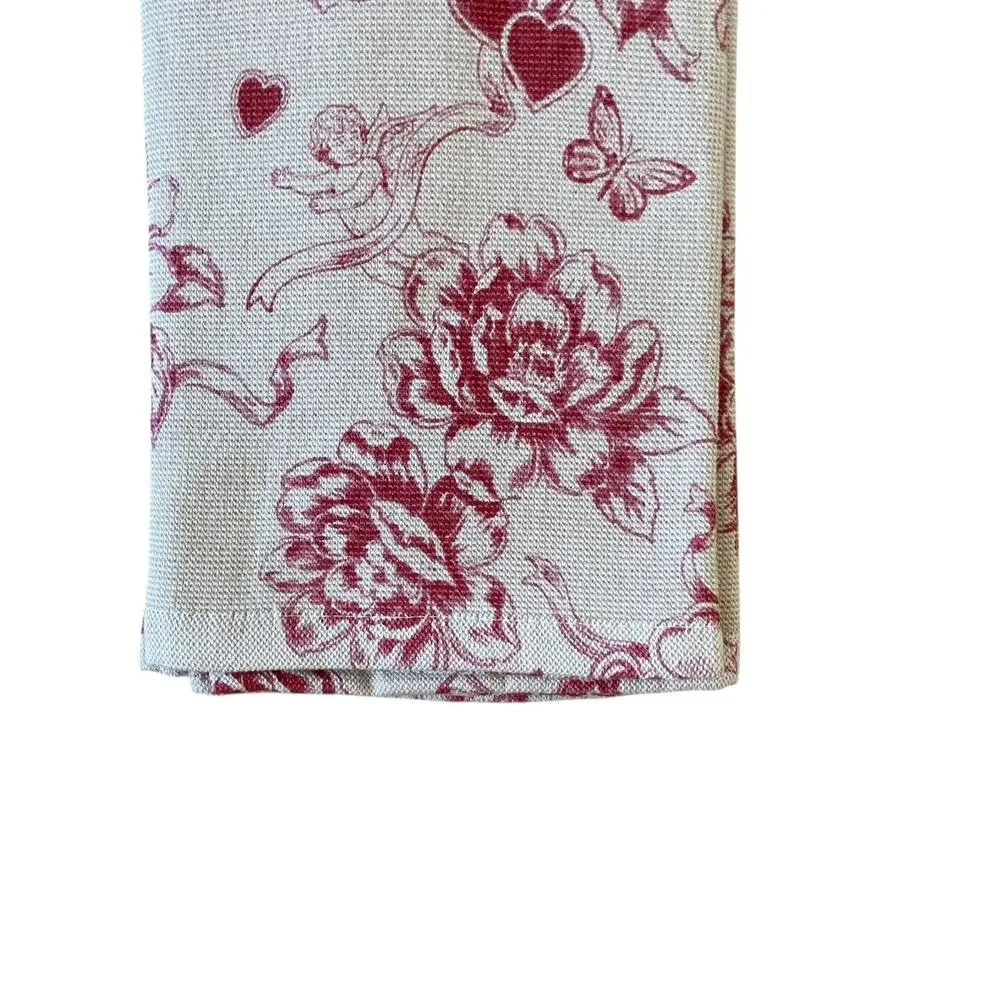 Rachel Zoe Valentine Kitchen Towels 20x28 Cotton Cupid Toile Red Beige 2pc NEW